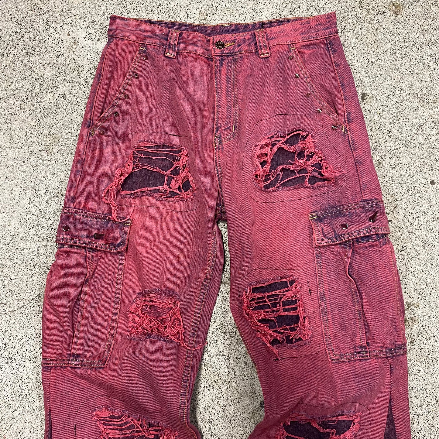 1/1 “Woke up Red and Spikey” Distressed Cargo Jeans - 32x32