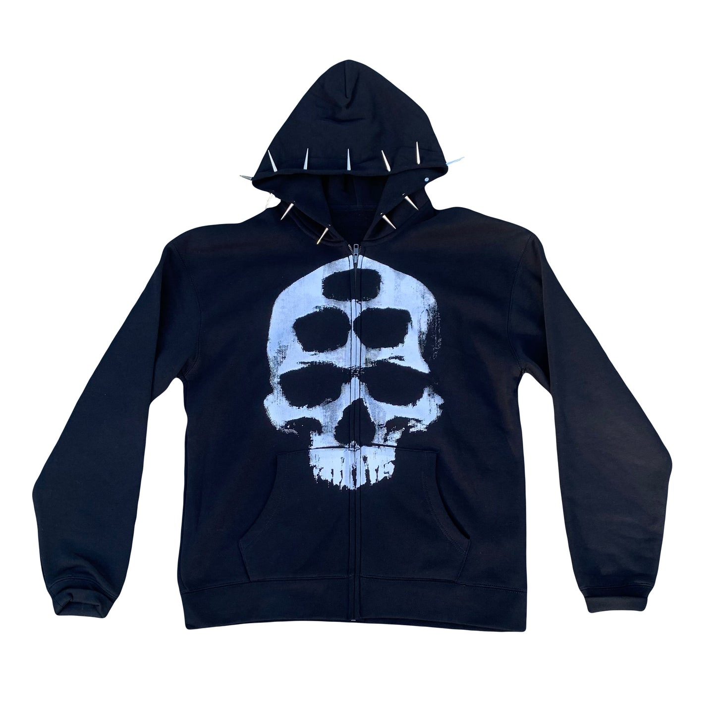 Spiked Skull Zip Up Hoodie - Black