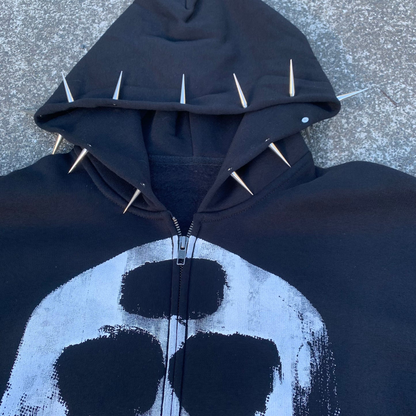Spiked Skull Zip Up Hoodie - Black
