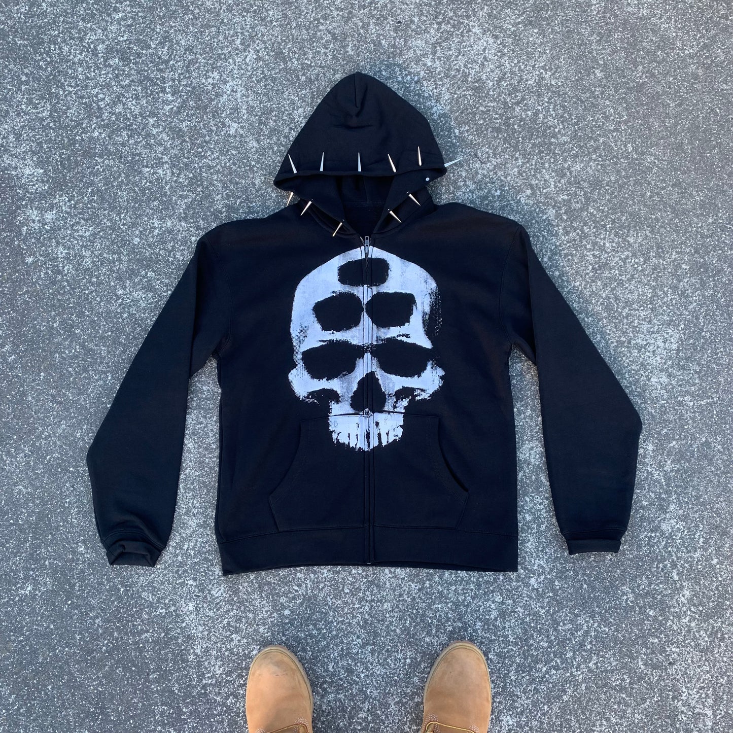 Spiked Skull Zip Up Hoodie - Black
