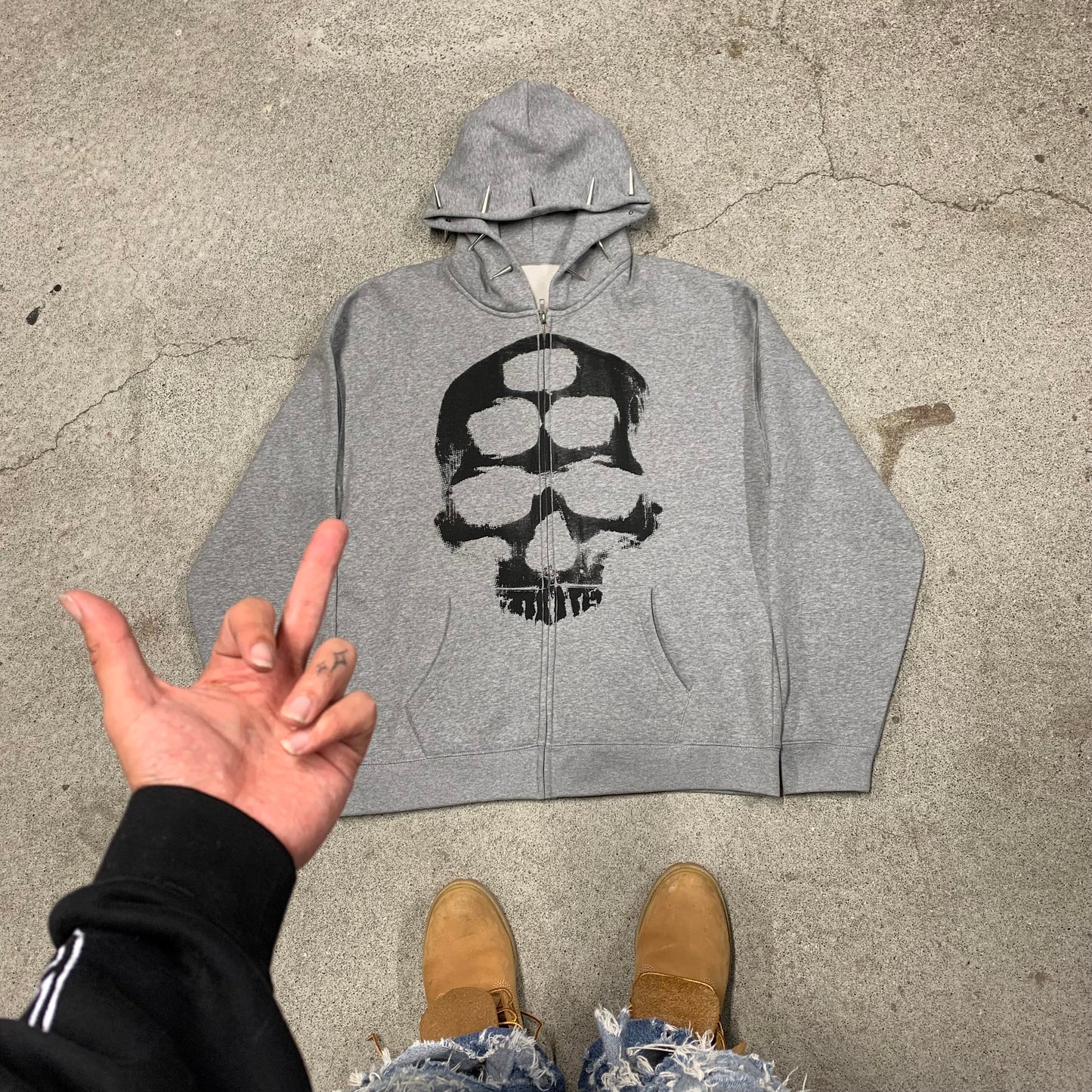 1/1 Spiked Skull Zip Up Hoodie - Grey