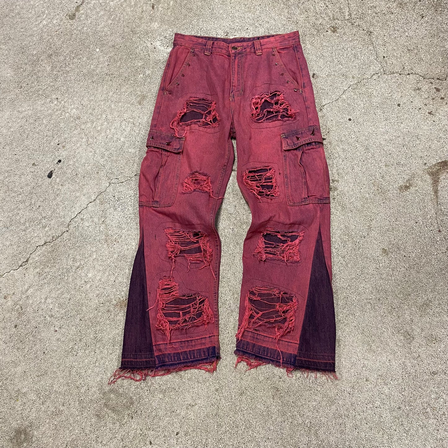 1/1 “Woke up Red and Spikey” Distressed Cargo Jeans - 32x32