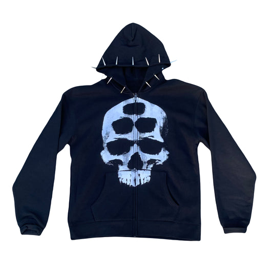 Spiked Skull Zip Up Hoodie - Black