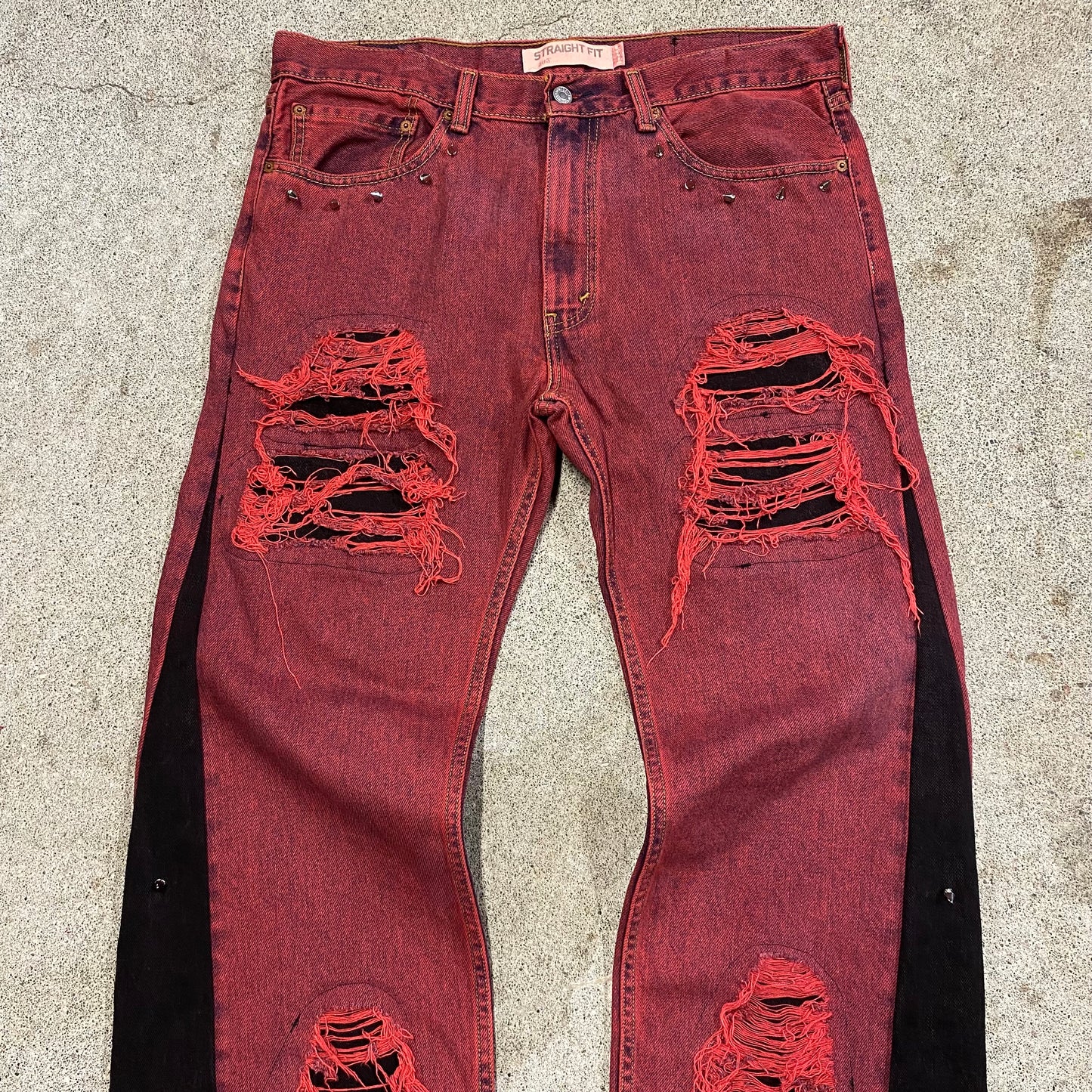 1/1 ‘BURGUNDY’ Studded Distressed Jeans - 34X30