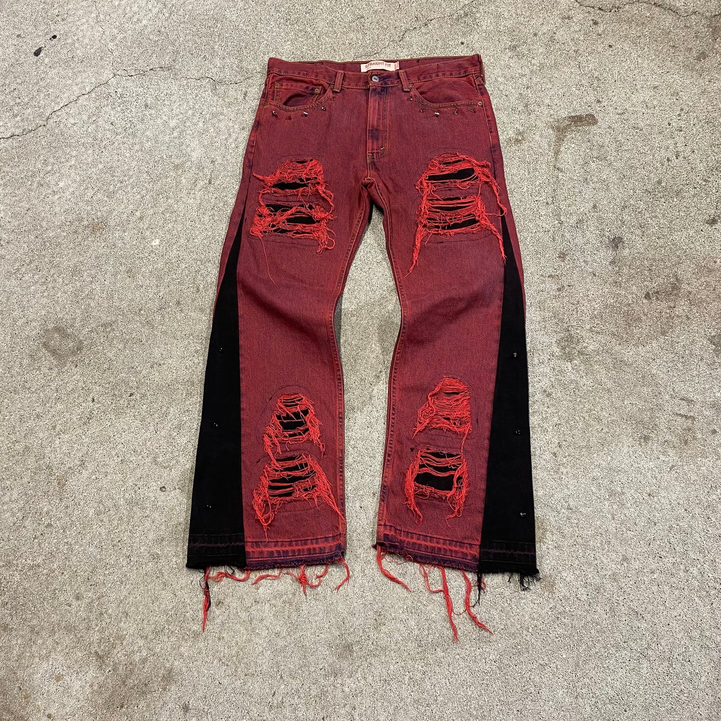 1/1 ‘BURGUNDY’ Studded Distressed Jeans - 34X30